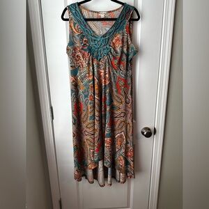 🌿 World Unity Boho Paisley Dress Crochet Neck Hi Low